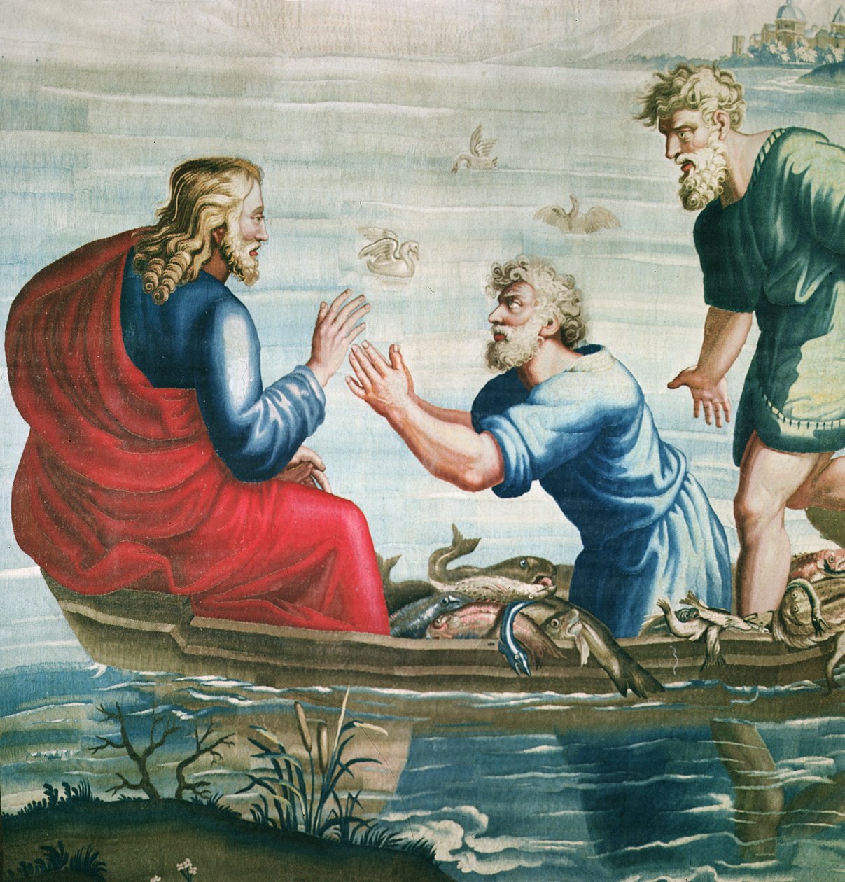 Gobeläng föreställande Apostlagärningarna, Den mirakulösa fiskfångsten detalj av Kristus och Sankt Peter på knä, vävd på Beauvais Workshop under ledning av Philippe Behagle 1641-1705, 1 av Raffaello Sanzio Raphael
