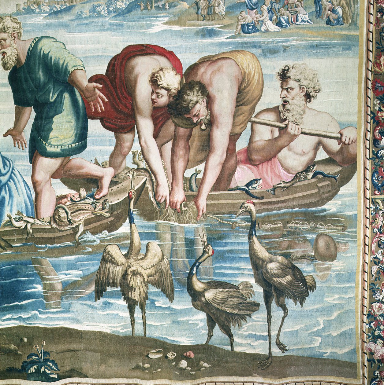 Gobeläng som skildrar Apostlarnas gärningar, Den mirakulösa fiskfångsten detalj av fiskarna som installerar sitt nät, vävd på Beauvais Workshop under ledning av Philippe Behagle 1641-1705 av Raffaello Sanzio Raphael