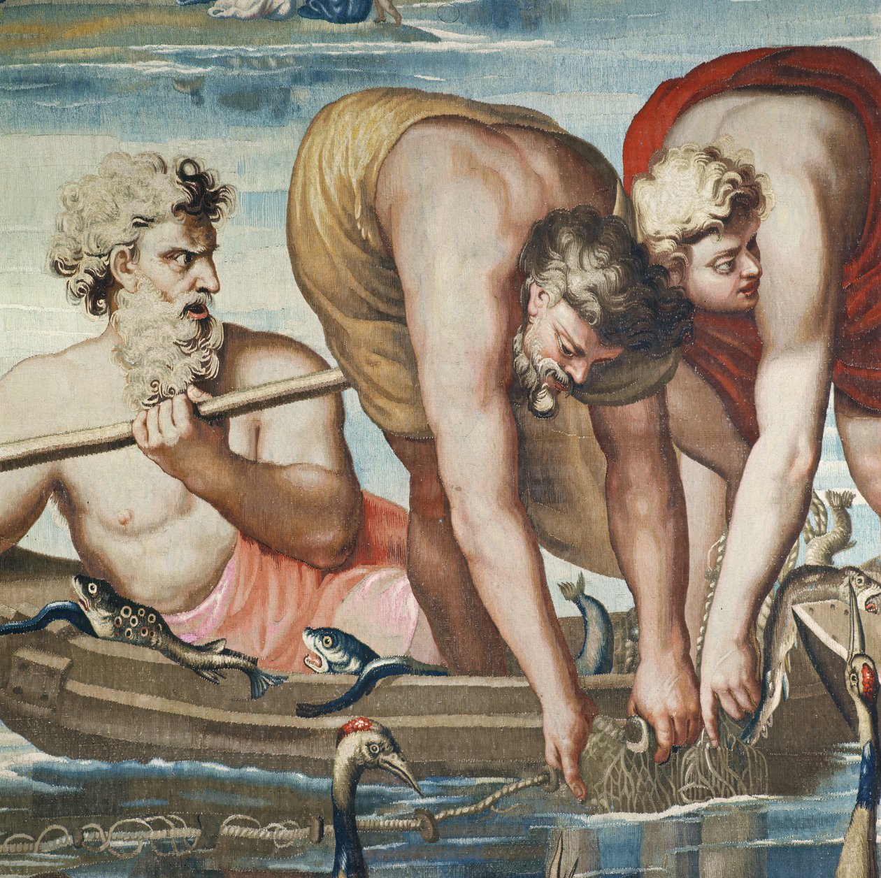 Gobeläng som skildrar Apostlarnas gärningar, Den mirakulösa fiskfångsten detalj av fiskarna som installerar sitt nät, vävd på Beauvais Workshop under ledning av Philippe Behagle 1641-1705 av Raffaello Sanzio Raphael