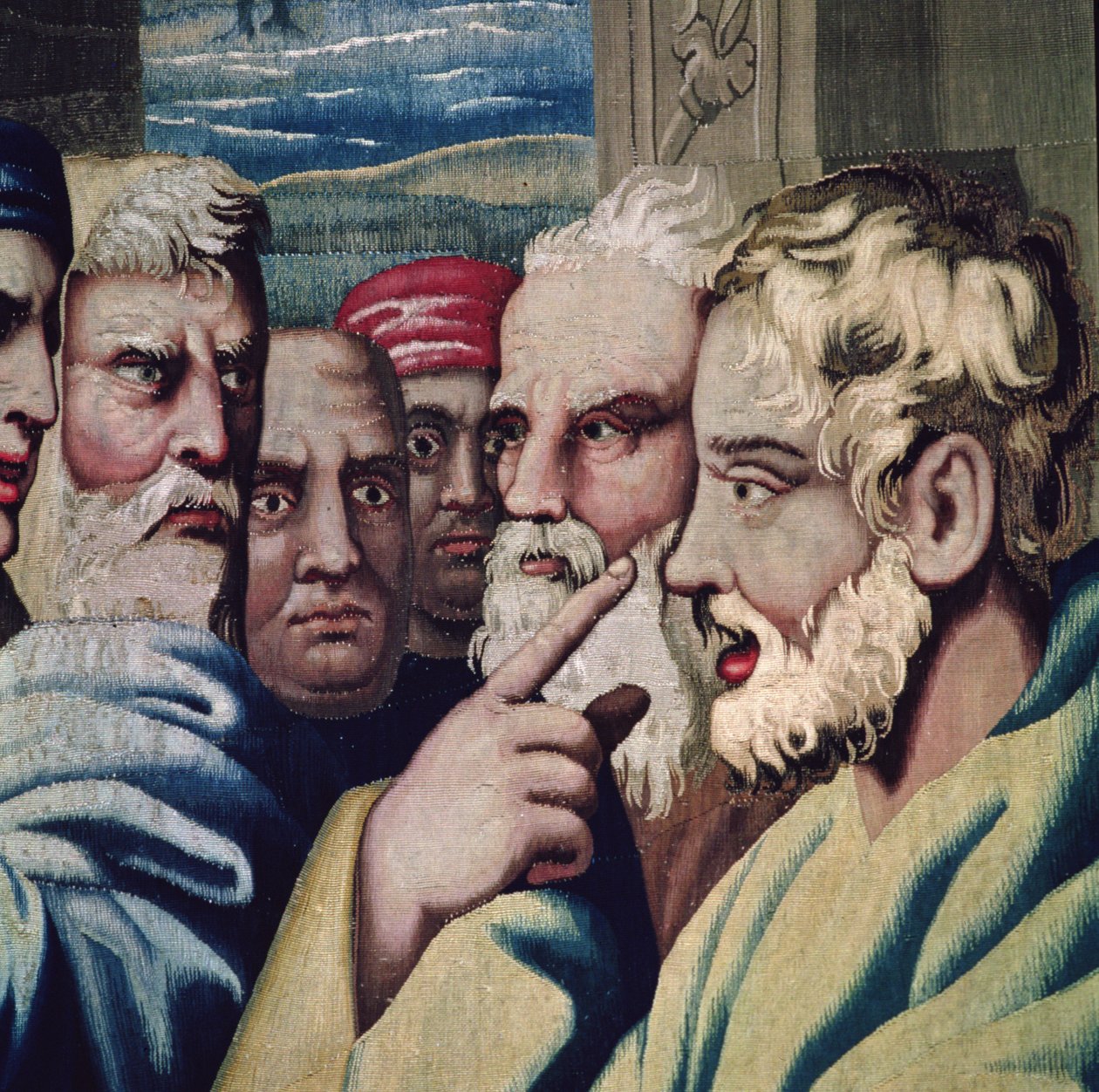 Gobeläng som föreställer Apostlagärningarna, Blinding of Elymas detalj av förvånade åskådare, vävd på Beauvais Workshop under ledning av Philippe Behagle 1641-1705, 1695-98 ulltejp av Raffaello Sanzio Raphael