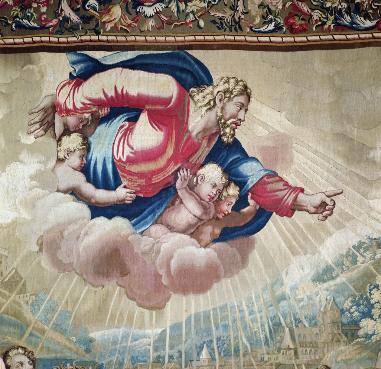 Gobeläng som föreställer Apostlagärningarna, omvändelsen Saint Paul detalj av Kristi uppenbarelse på ett moln omgivet av änglar, vävd på Beauvais Workshop under ledning av Philipp av Raffaello Sanzio Raphael