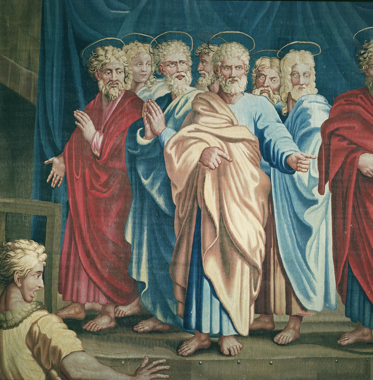 Gobeläng föreställande Apostlagärningarna, Ananias död detalj av Sankt Paulus och apostlarna, vävd på Beauvais Workshop under ledning av Philippe Behagle 1641-1705, 1695-98 ull av Raffaello Sanzio Raphael