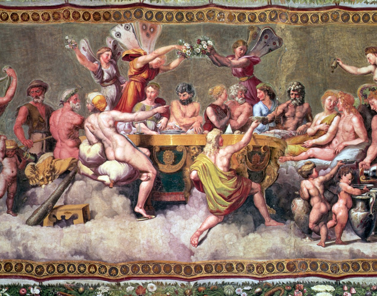 Gudarnas bankett, takmålning av Amor och Psyches uppvaktning och giftermål Fresko detalj av 57688 av Raffaello Sanzio Raphael