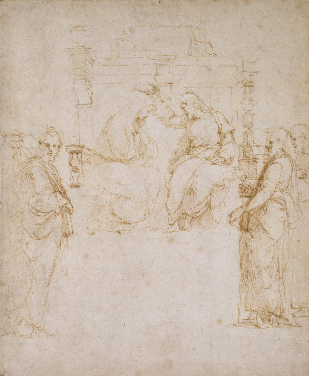 The Coronation of the Virgin (penna och brunt bläck på benvitt papper) av Raffaello Sanzio Raphael