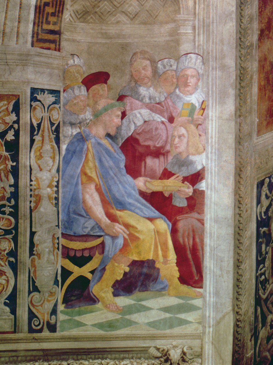 De rättsliga dygderna: Påven Gregorius IX godkänner Vatikanens dekreter; Justinian överlämnar Pandects till Trebonianus freskdetalj från 845 av Raffaello Sanzio Raphael
