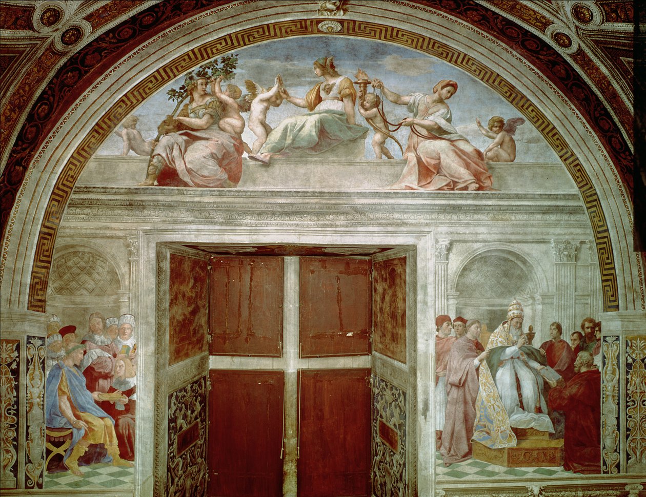 De juridiska dygderna: Påven Gregorius IX godkänner de vatikala dekretalen; Justinianus överlämnar pandekterna till Trebonianus. av Raffaello Sanzio Raphael