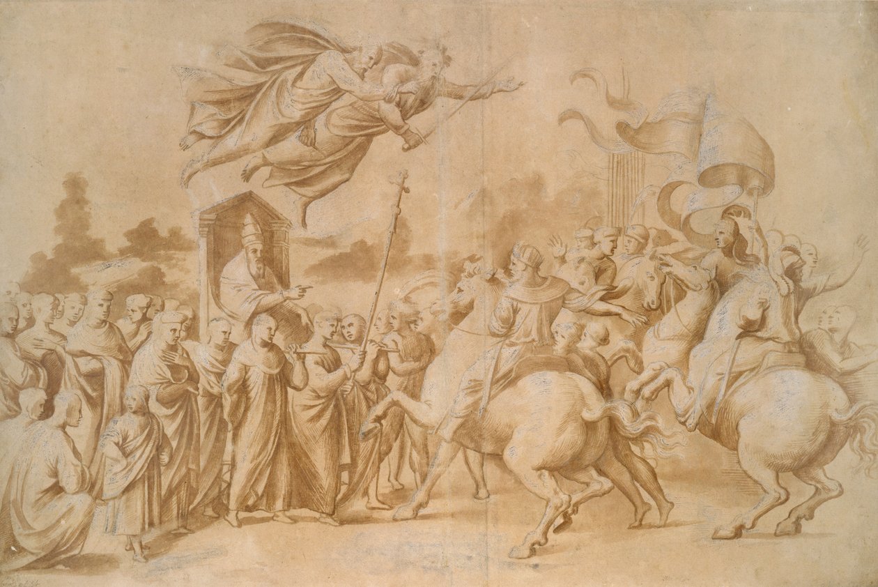 The Repulse of Attila (brun tvätt förhöjd med gouache på papper) av Raffaello Sanzio Raphael