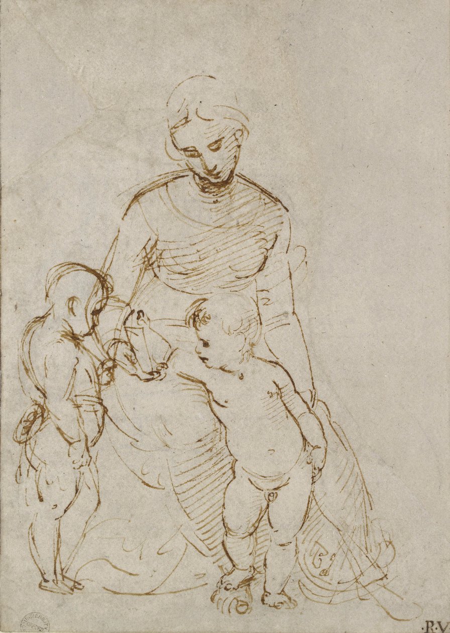 Jungfrun och barnet med St John (penna och brunt bläck på vitt papper) av Raffaello Sanzio Raphael