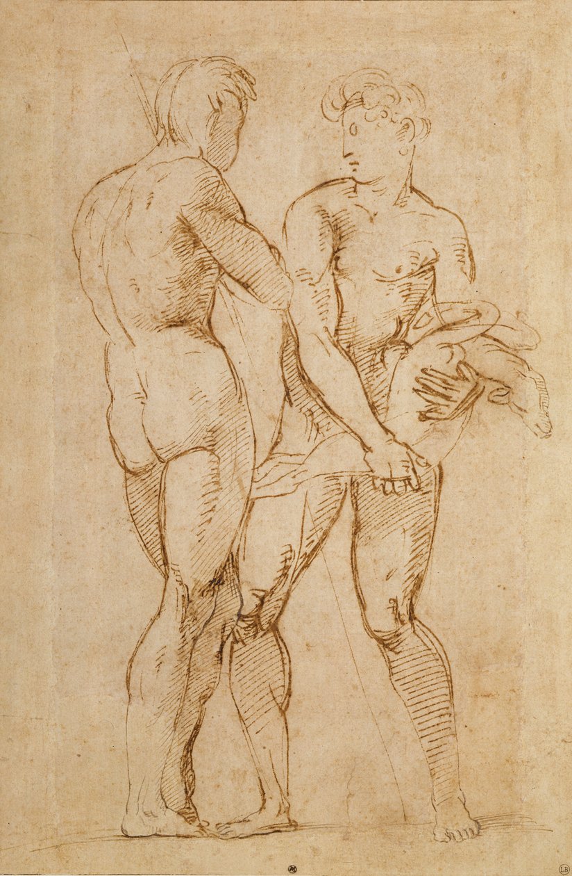 Två nakna män står, en håller ett lamm av Raffaello Sanzio Raphael