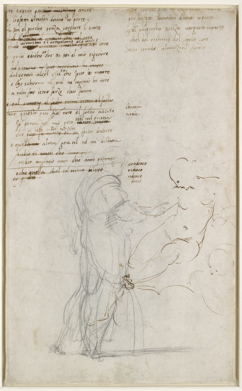Verso: Figurstudier och en utkast till sonett, WA1846.186 av Raffaello Sanzio Raphael
