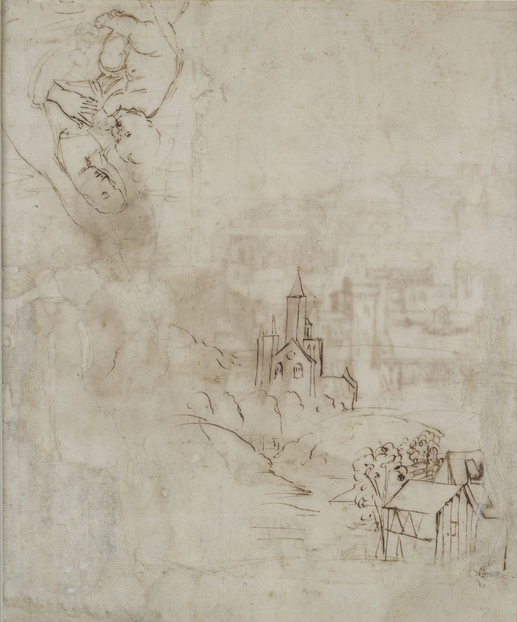 Verso: En liten skiss av jungfrun som diar Kristusbarnet, och en annan av ett landskap för Pala Colonna, WA1846.10 av Raffaello Sanzio Raphael