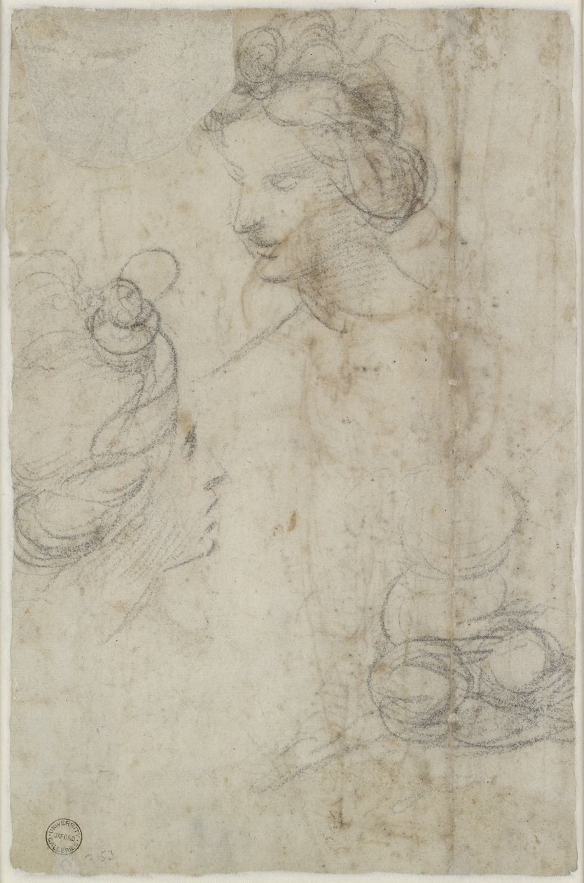 Verso: Två kvinnliga huvuden och en skiss av en kvinna som sitter på huk, WA1846.168 av Raffaello Sanzio Raphael
