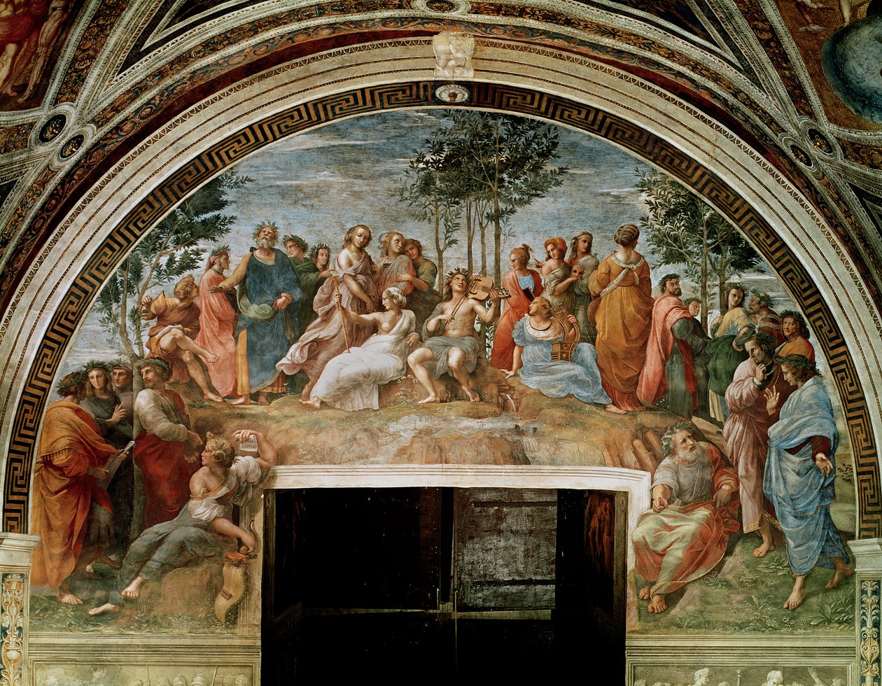 Parnassus, från Stanza delle Segnatura, 1510-11 (se även 838) av Raffaello Sanzio Raphael