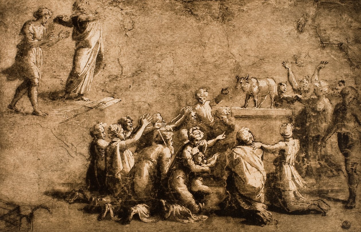 Tillbedjan av guldkalven eller Moses bryter mot lagens tabeller; teckning av Raphael. Gabinetto dei Disegni e delle Stampe, Uffizierna, Florens av Raffaello Sanzio Raphael