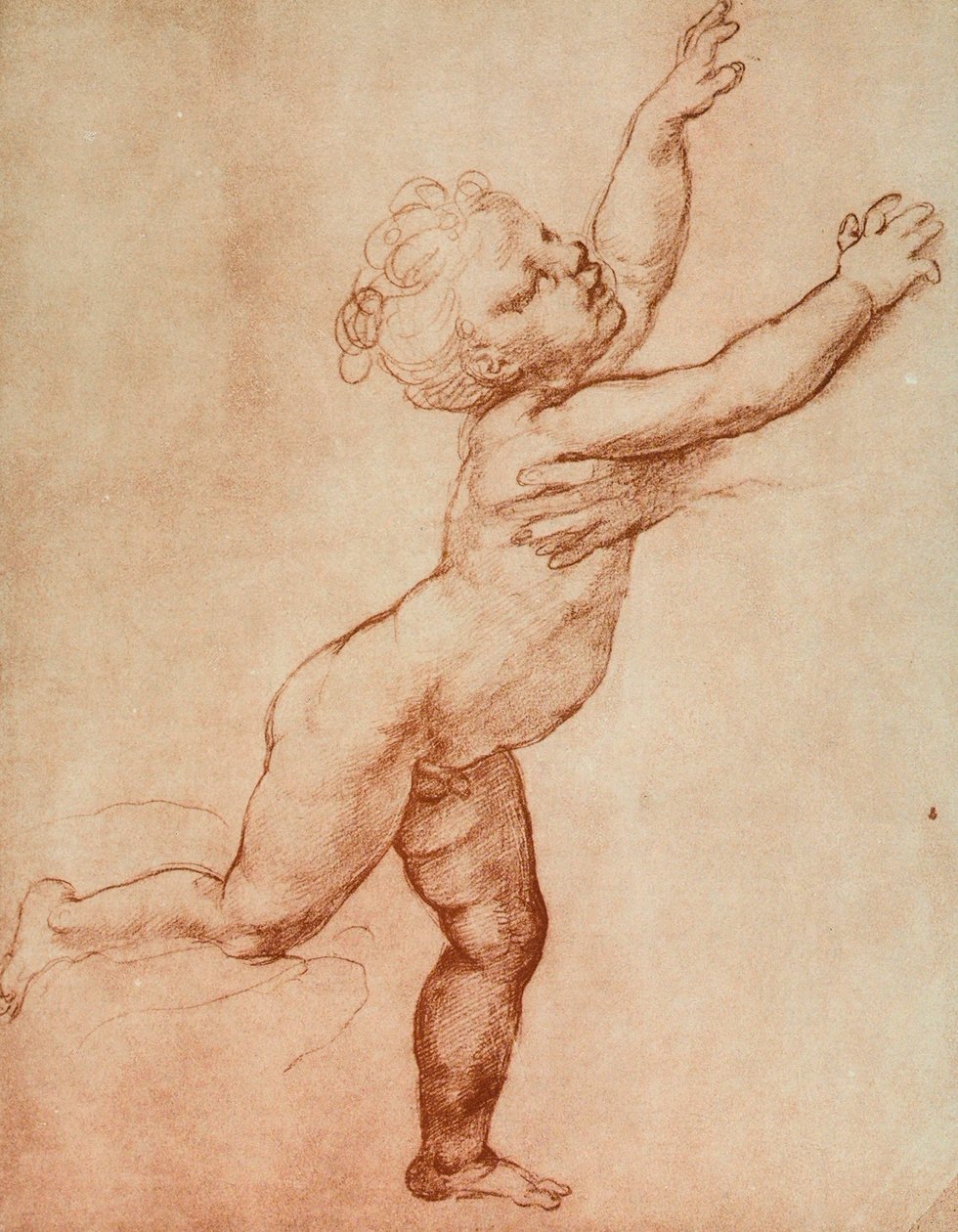 Ritning av en bebis som springer åt höger där det verkar finnas en person som väntar på honom av vilken man bara kan se en hand. Verk av Raffaello i Uffizierna i ritnings- och tryckrummet, i Florenc av Raffaello Sanzio Raphael