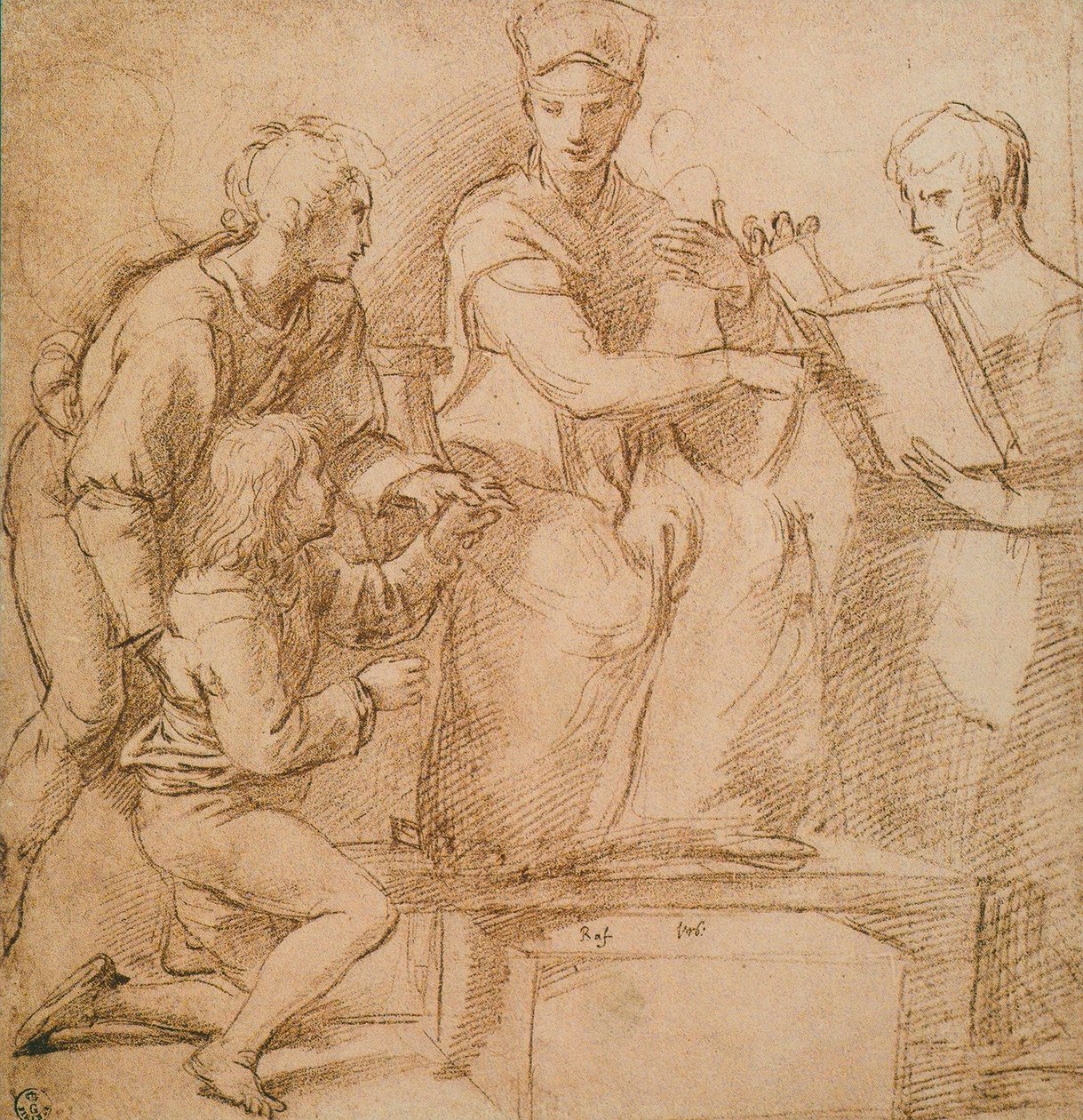 Fyra figurer (Madonna och barn?), Teckning av Raphael. Cabinet of Drawings and Prints, Uffizi Gallery, Florens av Raffaello Sanzio Raphael