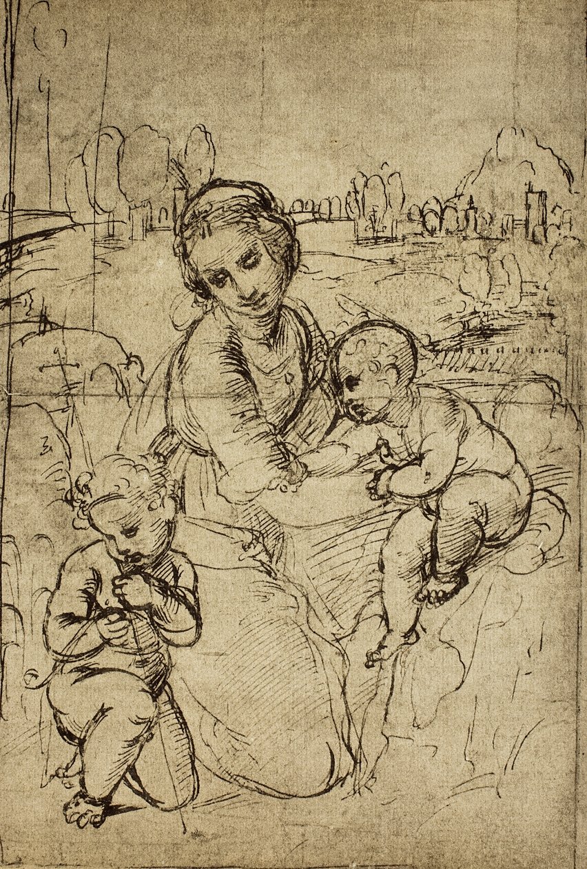 Madonna med barn och Johannes (barn), teckning av Rafael. Gabinetto dei Disegni e Stampe, Uffizierna, Florens. av Raffaello Sanzio Raphael