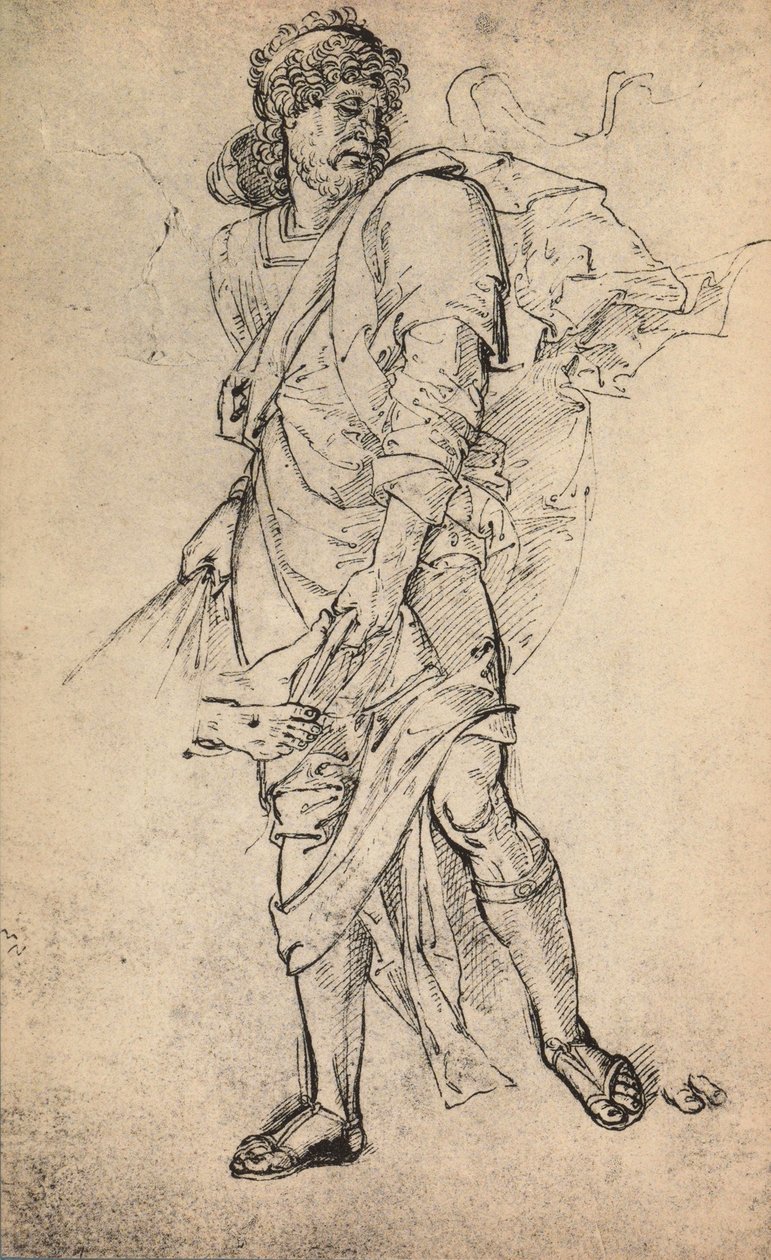 Mansfigur med mantel; teckning av Raphael. Gallerie dellAccademia, Venedig av Raffaello Sanzio Raphael