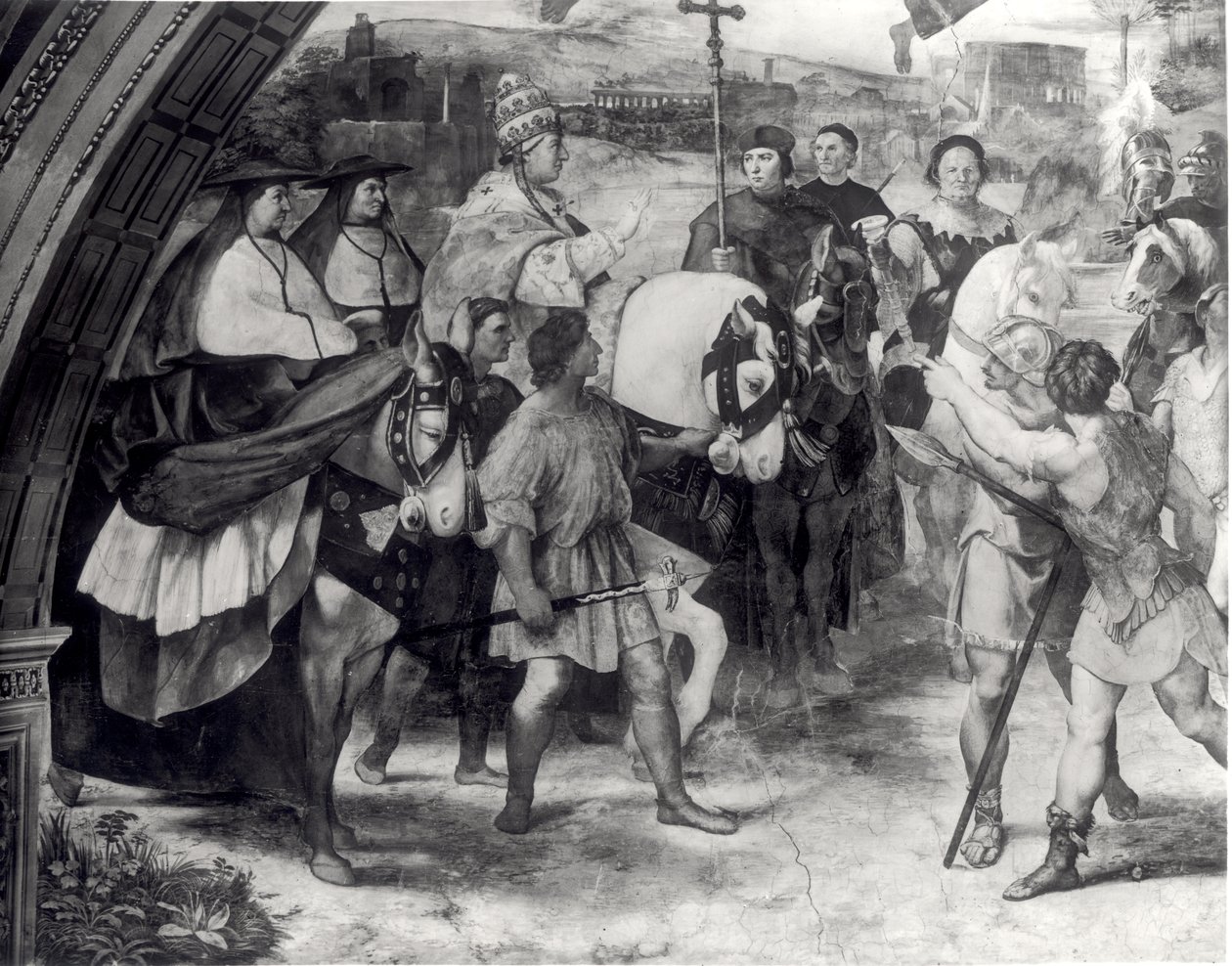 Påven Leo I (ca 390-461) Repulsing Attila (c.406-453) 1511-14 (detalj av 154941) av Raffaello Sanzio Raphael