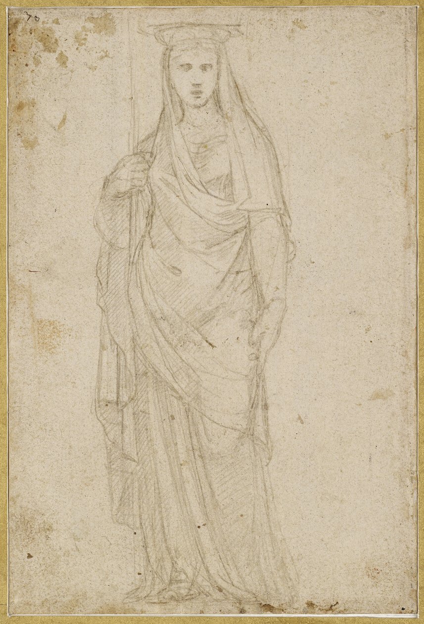 Recto: En karyatid, WA1965.47.5 (silverstift på ett blekt stenfärgat preparat på krämfärgat papper) av Raffaello Sanzio Raphael