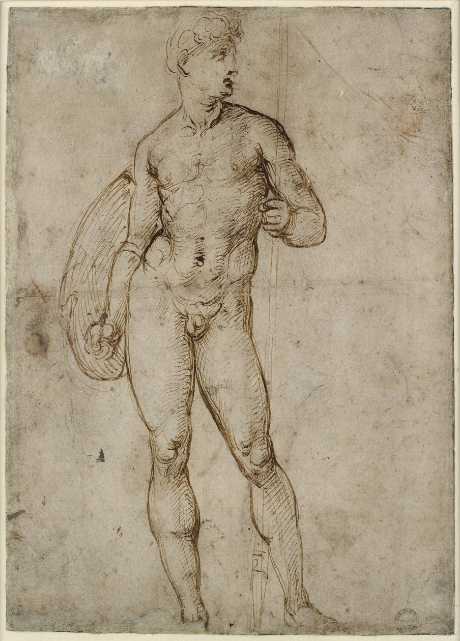 Recto: A Youthful Warrior, WA1846.163 (penna & brunt bläck, några möjligen orelaterade blinda pennmärken) av Raffaello Sanzio Raphael
