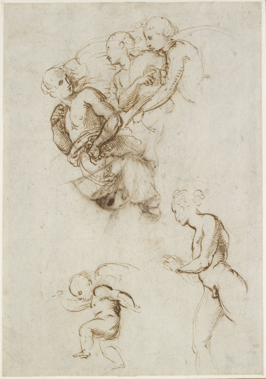 Recto: Studies for a Group of flying Angels, WA1846.190 (penna & brunt bläck på vitt papper) av Raffaello Sanzio Raphael