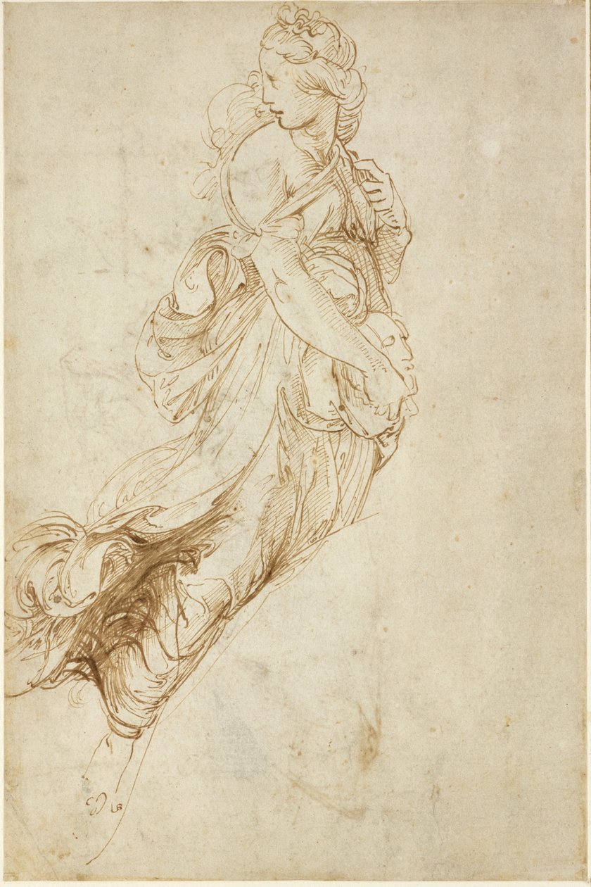 Recto: Study for the Figure of Melpomene, WA1846.182 (penna & brunt bläck över blind stylus) av Raffaello Sanzio Raphael