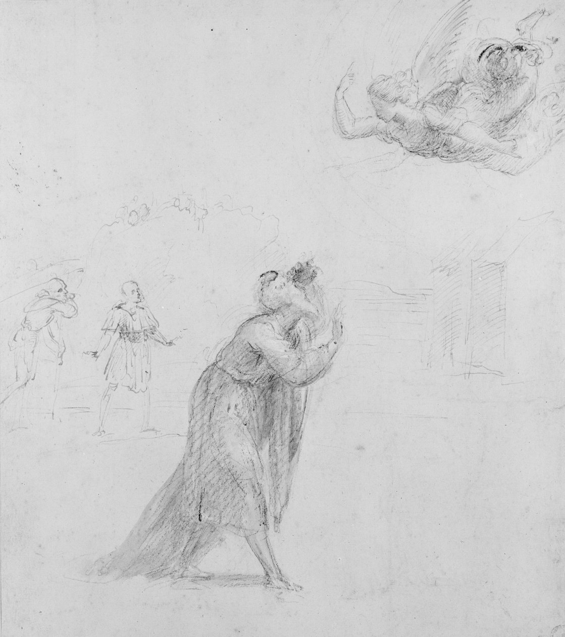 Recto: The Angel appearing to Joachim, WA1846.204 (penna & pensel i gulbrun tvätt över svart krita förhöjd med vit kroppsfärg (delvis oxiderad) på vitt papper) av Raffaello Sanzio Raphael