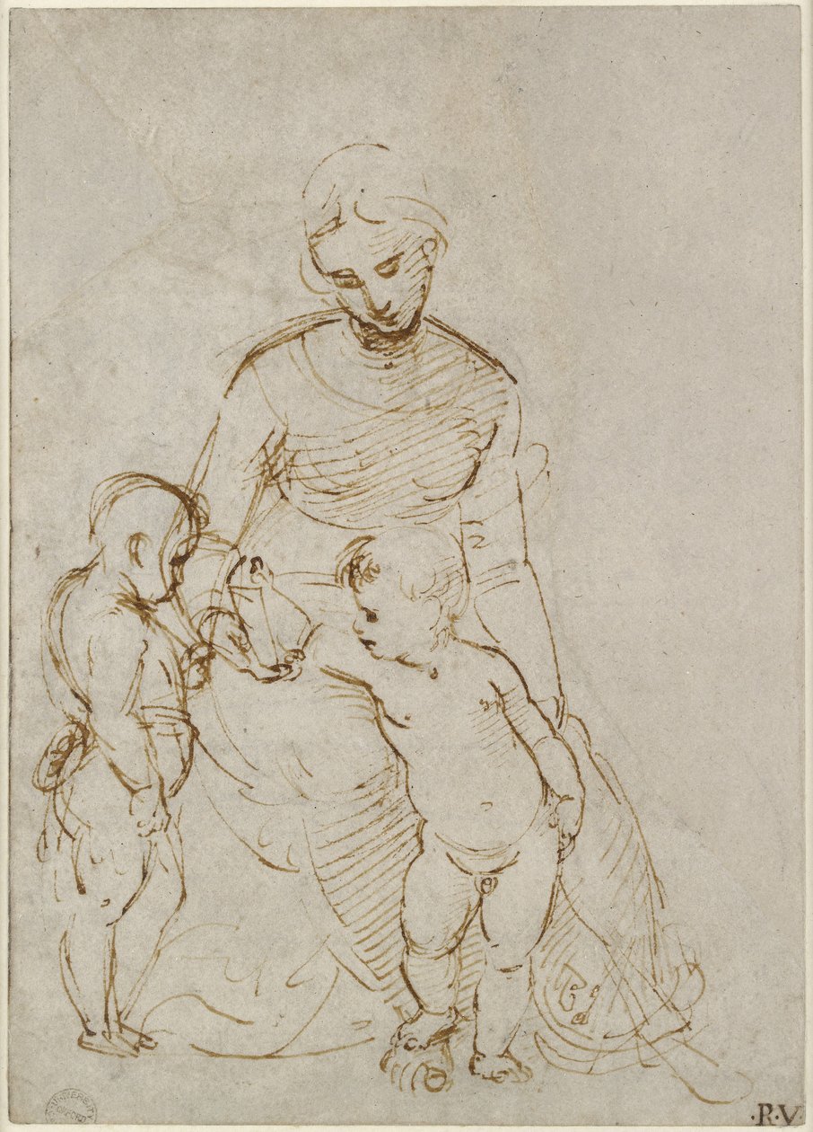 Recto: The Virgin and Child with St John (The Madonna del Cardellino), WA1846.160 (penna & brunt bläck över blind penna, några spår av bly eller krita) av Raffaello Sanzio Raphael