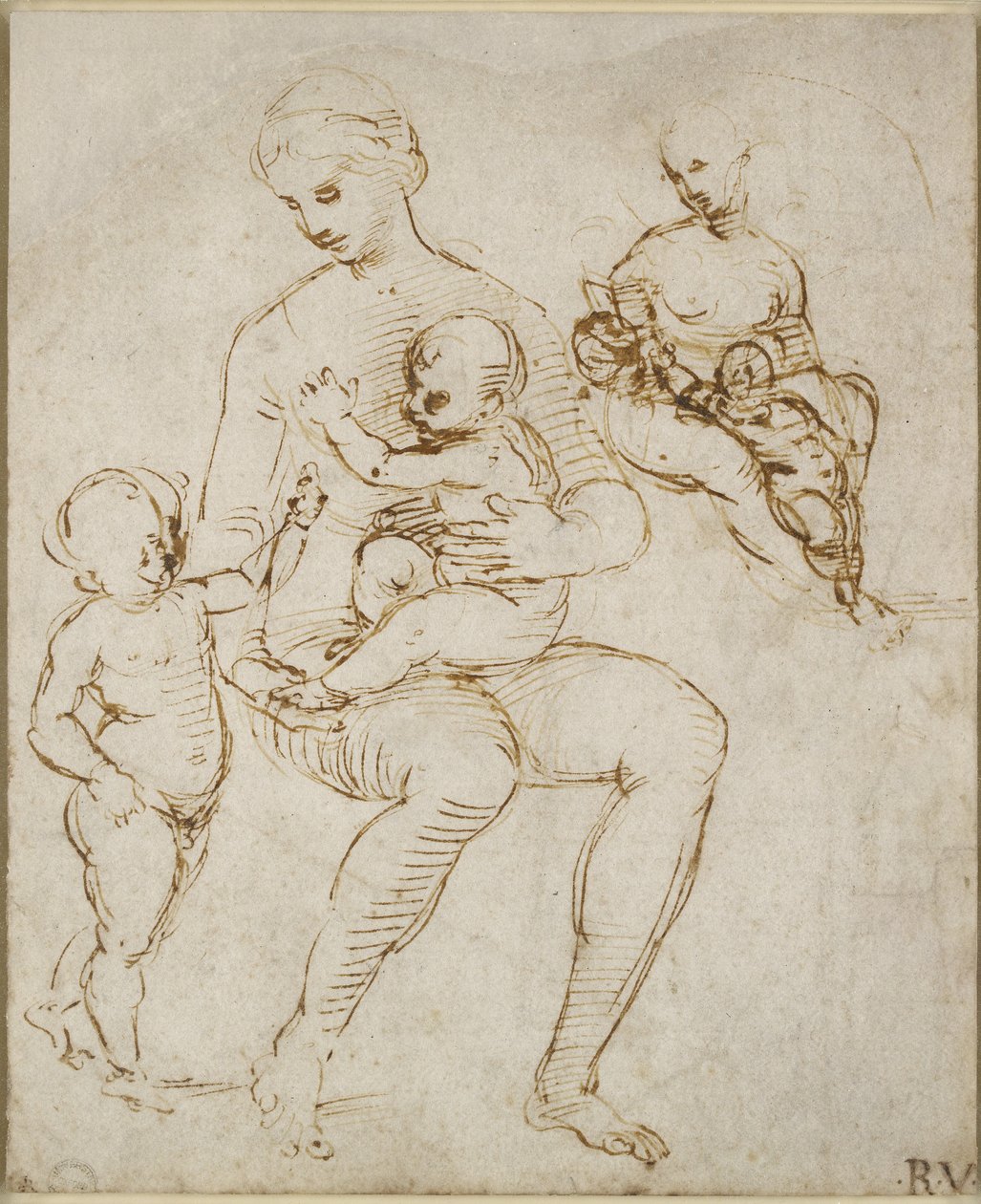 Recto: Two Studies for a Virgin and Child with St John (The Madonna del Cardellino), WA1846.159 (penna & brunt bläck över någon blind penna) av Raffaello Sanzio Raphael