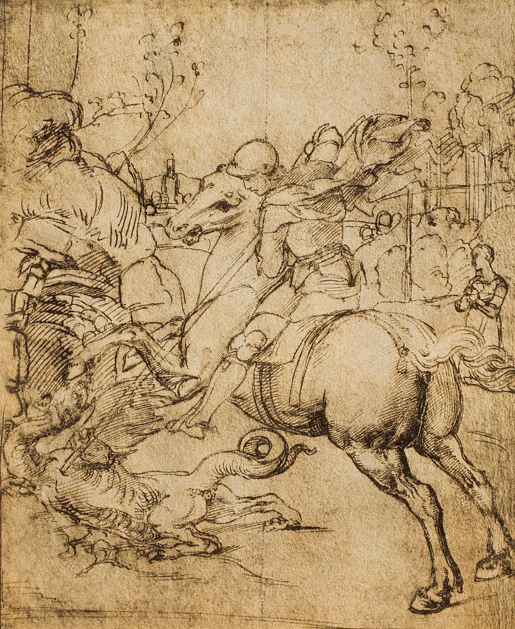 St George dödar draken; teckning av Raphael. Cabinet of Drawings and Prints, Uffizi Gallery, Florens av Raffaello Sanzio Raphael