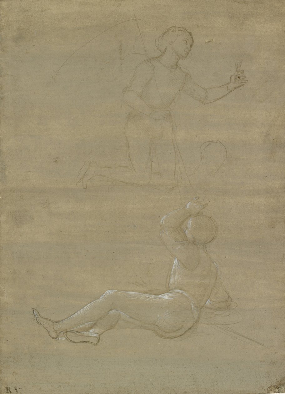 Studier för en vakt i en uppståndelse och av en ängel, WA1846.150 (metallspets på brungrått förberett papper med vit förhöjning) av Raffaello Sanzio Raphael