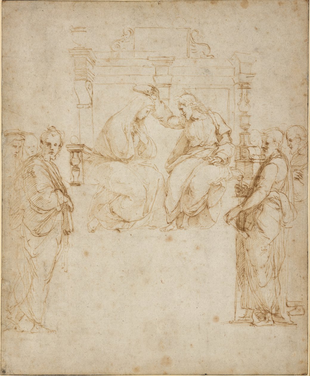 The Coronation of the Virgin, WA1846.206 (penna & brunt bläck över blind penna, kanterna på arket styrda i svart bläck) av Raffaello Sanzio Raphael