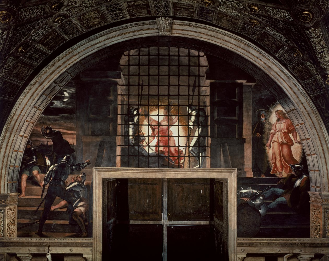 Peters befrielse, i Strofen DEliodoro, 1512-14 av Raffaello Sanzio Raphael