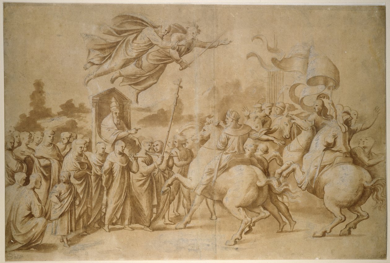 The Repulse of Attila, WA1846.277 (penselteckning i brun tvätt förhöjd med kroppsfärg (oxiderad) på gulfärgat papper) av Raffaello Sanzio Raphael