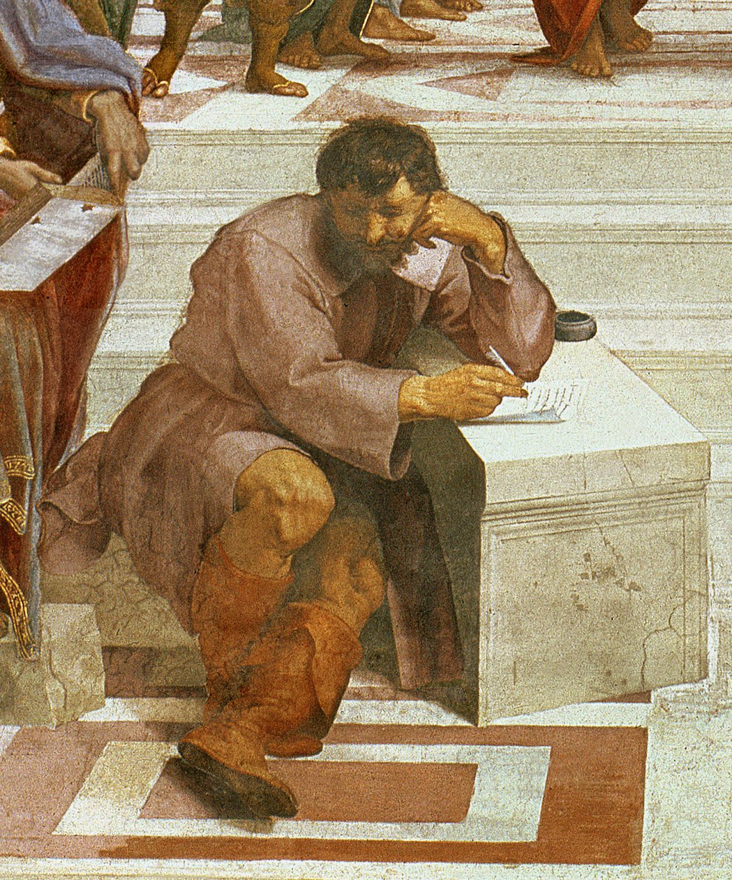 Atens skola, detalj av figurerna på vänster sida, 1510-11 (detalj av 87597) av Raffaello Sanzio Raphael