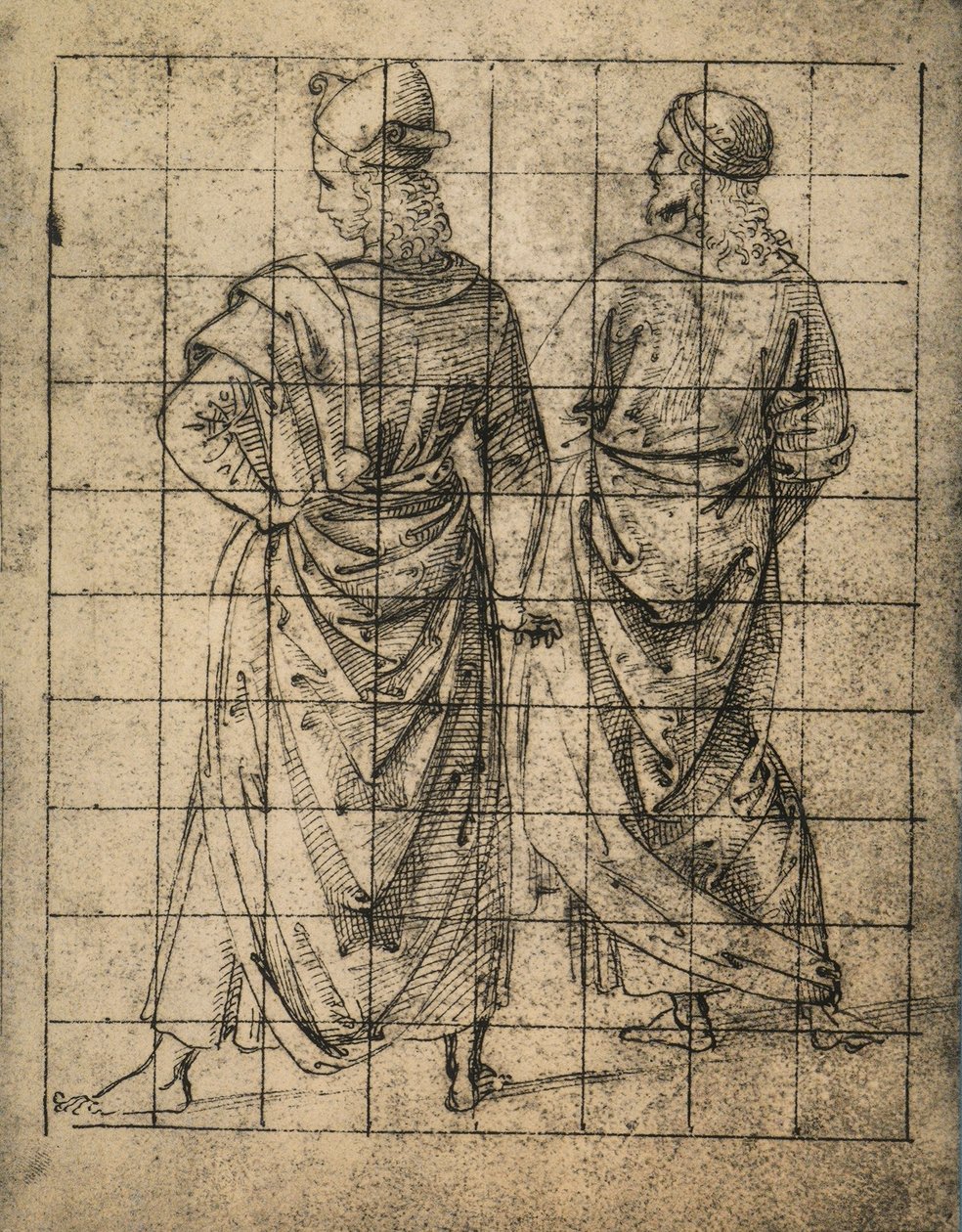 Två stående mansfigur, bakifrån; teckning av Raphael. Gallerie dell