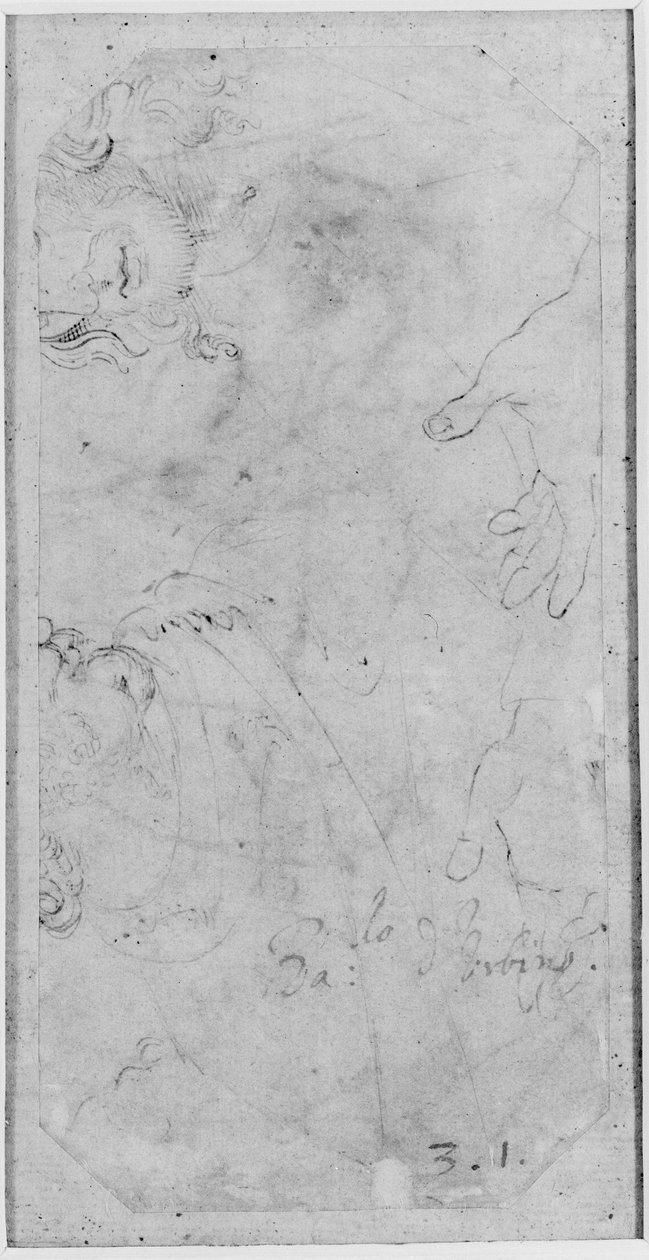 Verso: Skisser av två manliga huvuden och ett par händer, WA1846.167 (penna & brunt bläck på vitt papper) av Raffaello Sanzio Raphael