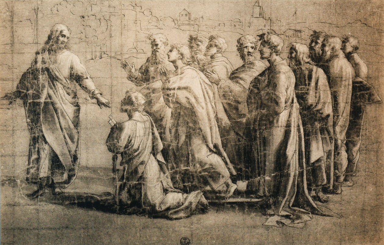 Kristus som ger nycklarna till Sankt Peter; teckning från Rafaels skola. Kabinet för ritningar och tryck, Uffizi, Florens av School of Raphael