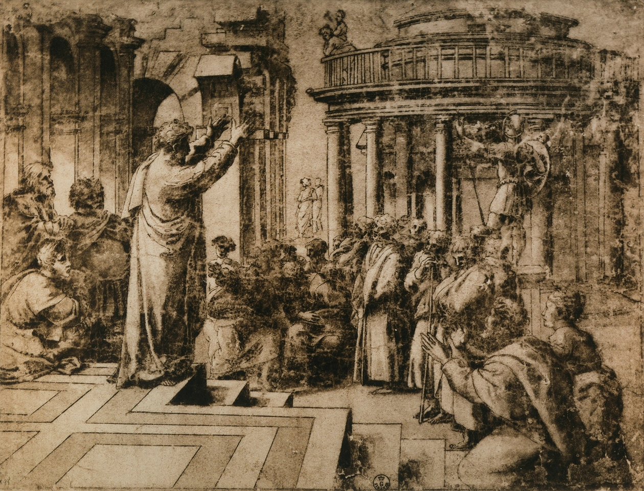 Paulus predikar i Aten; teckning från Rafaels skola. Kabinet för ritningar och tryck, Uffizi, Florens av School of Raphael