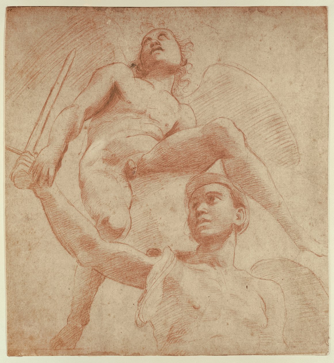 Ängel och en figur som representerar planeten Mars (röd krita på papper) av after Raphael