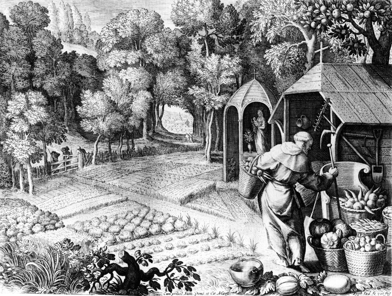 Sankt Fiacre i sin trädgård, ca 1580-1620 av Raphael I Sadeler