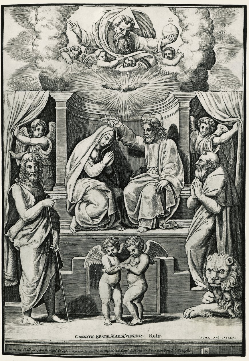 Jungfruns kröning i närvaro av Johannes Döparen och Sankt Hieronymus av Raphael (1483 1520) (after)