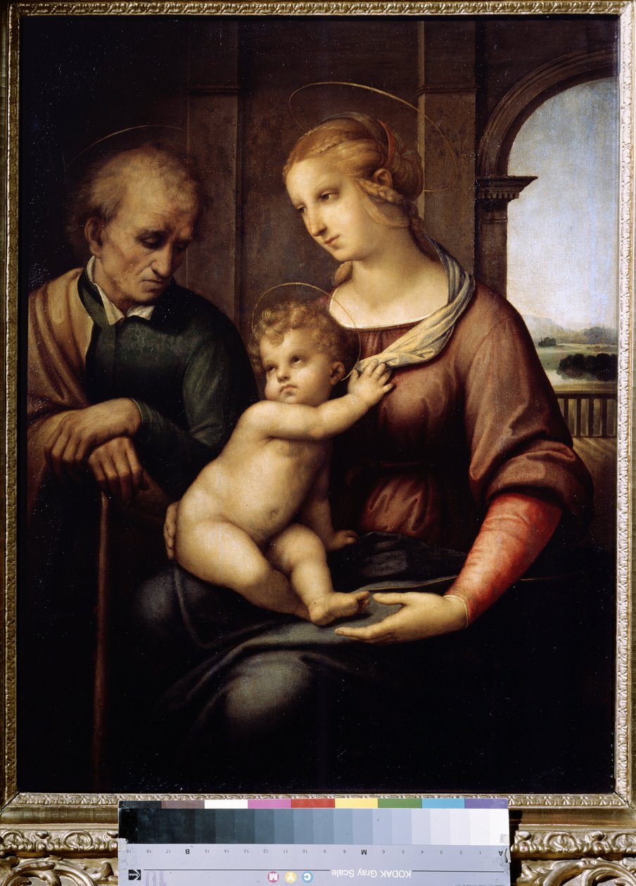 La Sainte famille med Saint Joseph skägglös eller den heliga familjen eller Madonna med skägglös Joseph. Peinture de Raffaello Sanzio dit Raphael (1483-1520) av Raphael