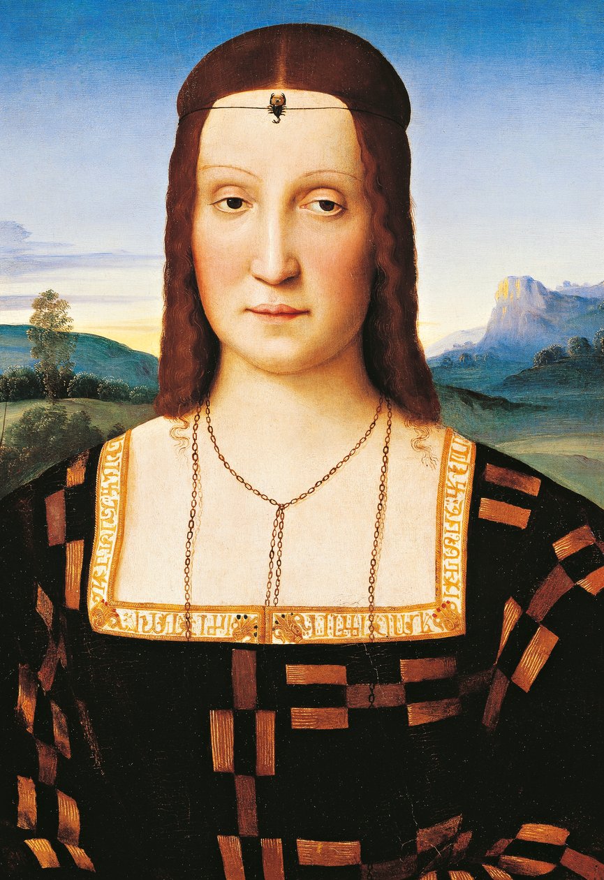 Porträtt av Elisabetta Gonzaga, hertiginna av Urbino, ca 1504 (olja på panel) av Raphael (1483 1520)