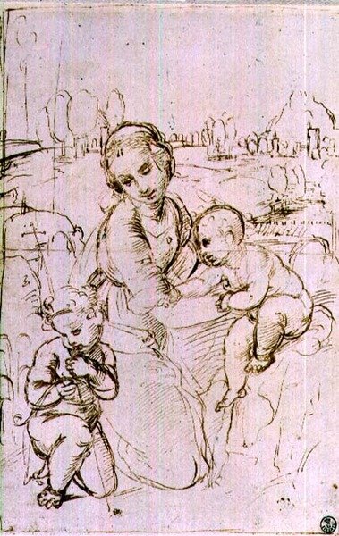 Studie av en madonna med barn och Johannes Döparen (penna och bläck) av Raphael