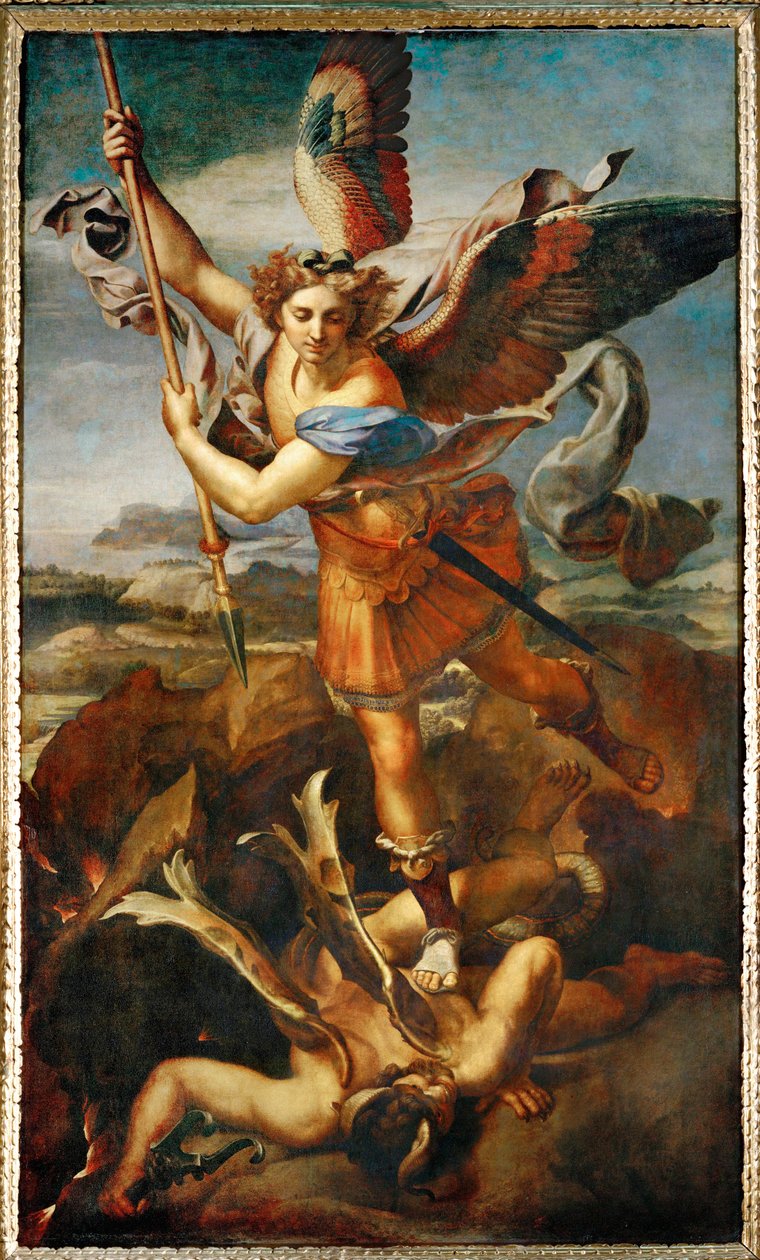 Ärkeängeln Michael dräper demonen ... av Raphael (1483-1520)