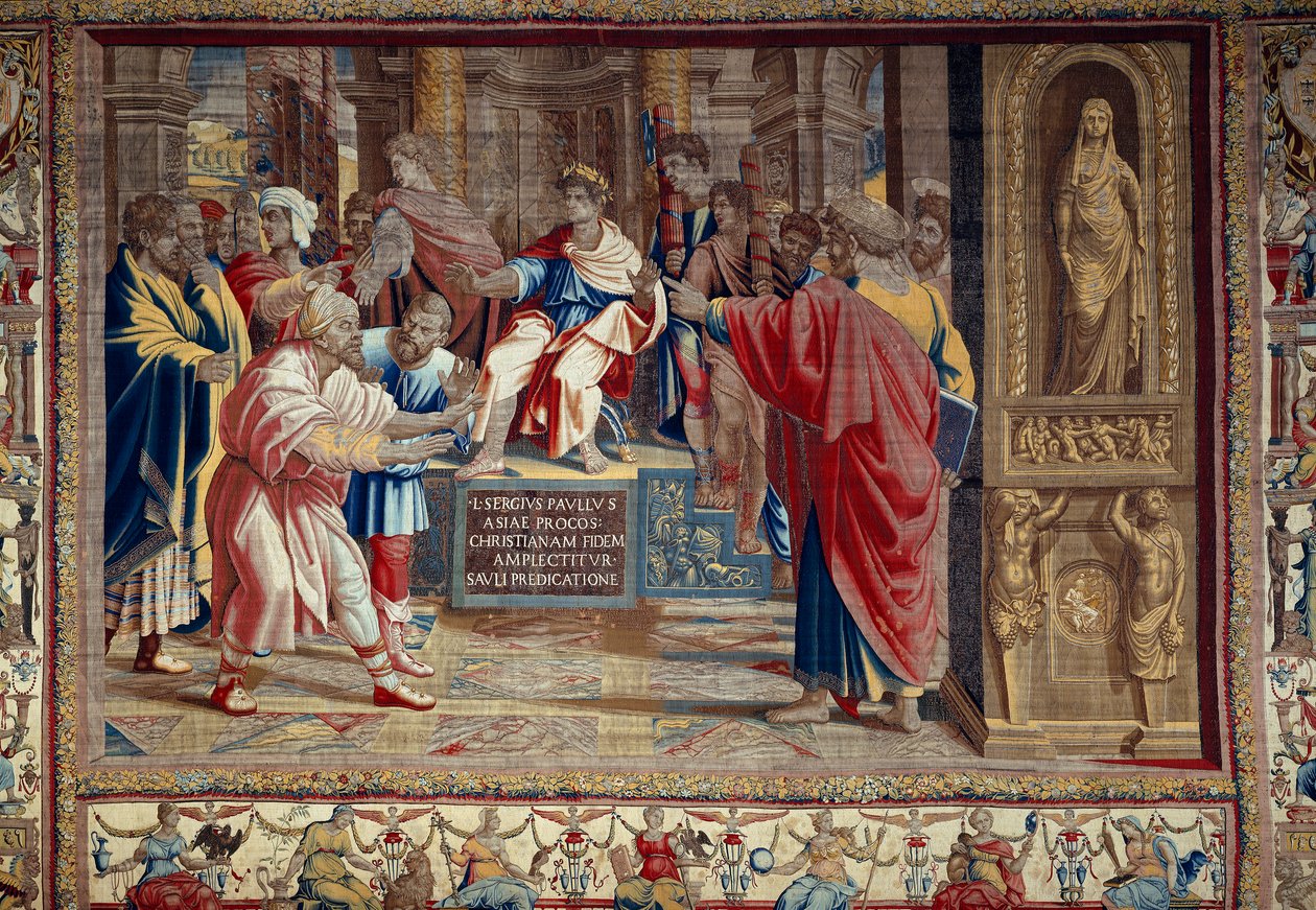 Aposteln Petrus och Paulus liv: "" straffet för Barjesu (Elymas) judisk magiker som motsatte sig Paulus och var tillfälligt blind""" Scenen utspelar sig framför den romerske prokonsuln Lucius Sergius Paulus och Saint Barnaba. Du kan se inskriptionen i av after Raphael