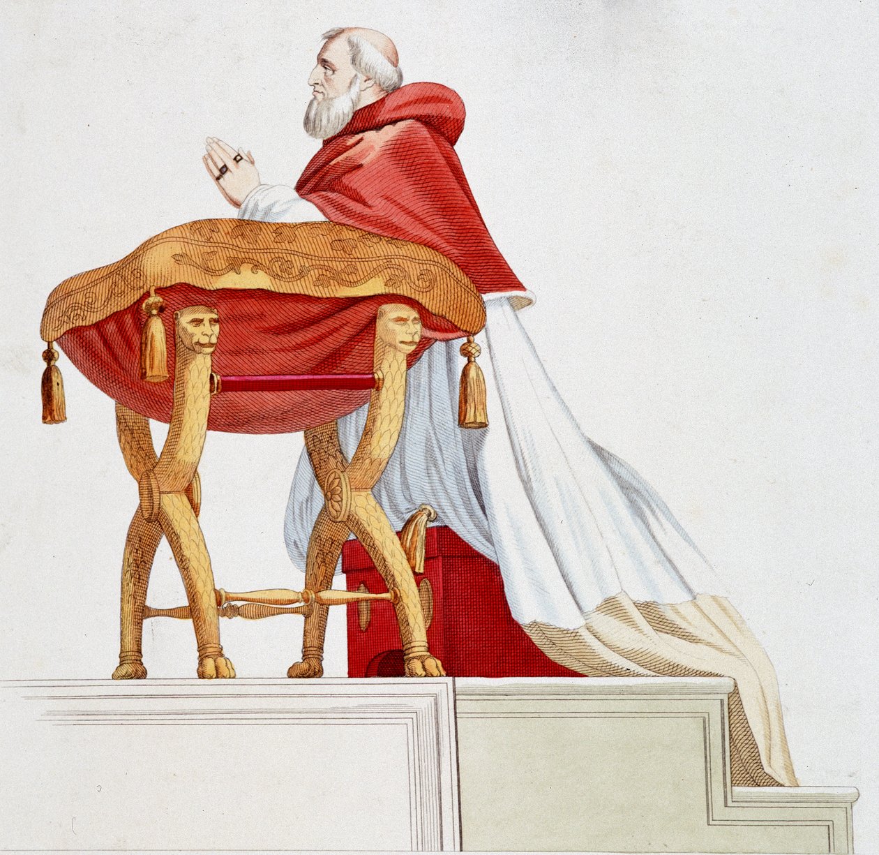 Porträtt av påven Jules II i bön. Gravyr efter en målning av Raphael (Raffaello Sanzio av after Raphael
