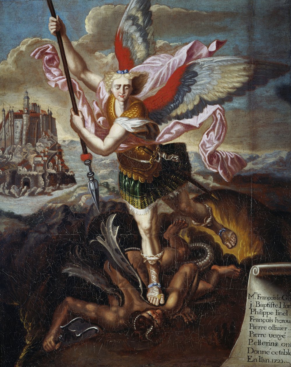 St Michael and the Devil, av Raphael Sanzio, ex-votiv av sex pilgrimer på pilgrimsfärd till Mont Saint-Michel av Raphael (1483 1520) (after)